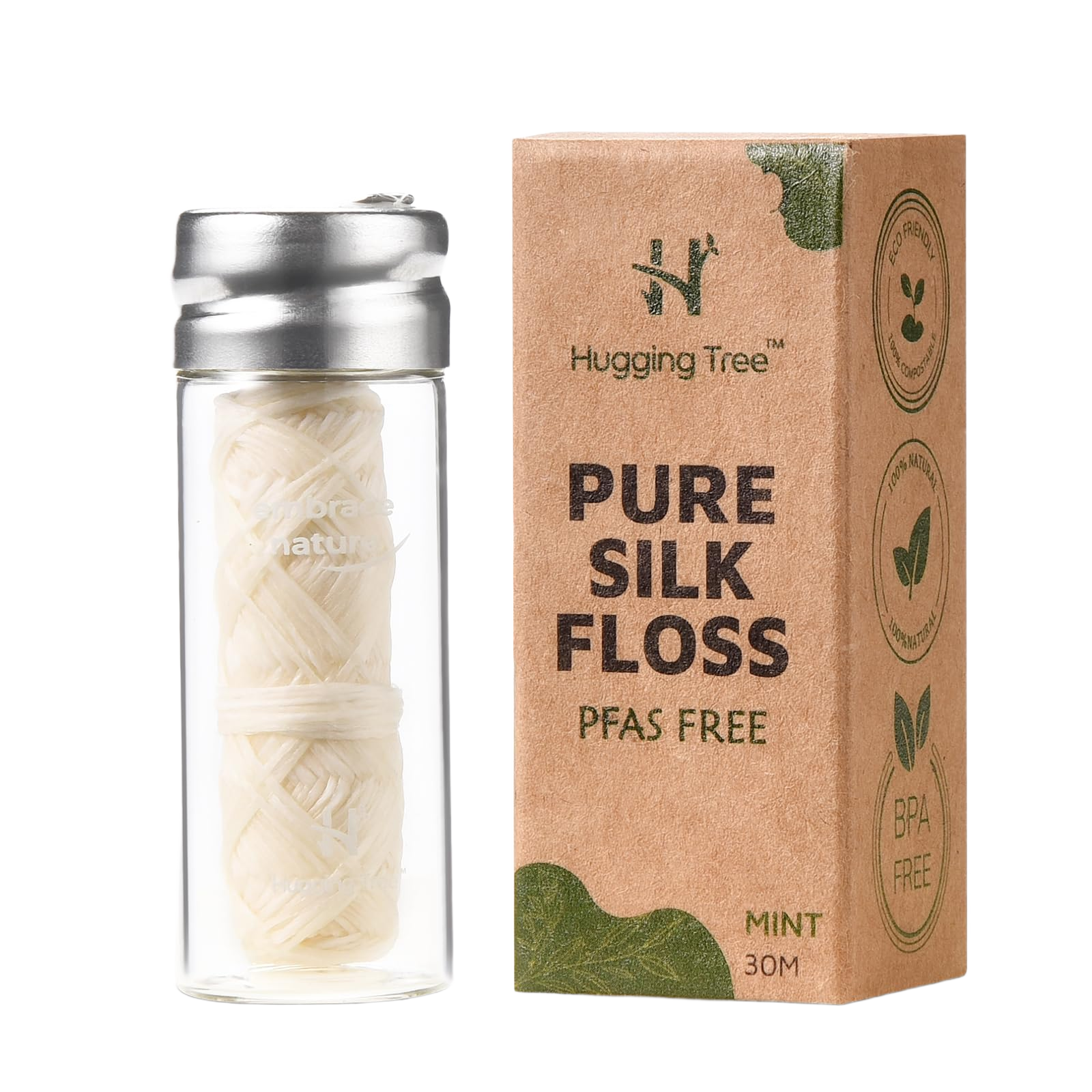 Hugging Tree Natural Silk Dental Floss with Glass Dispenser