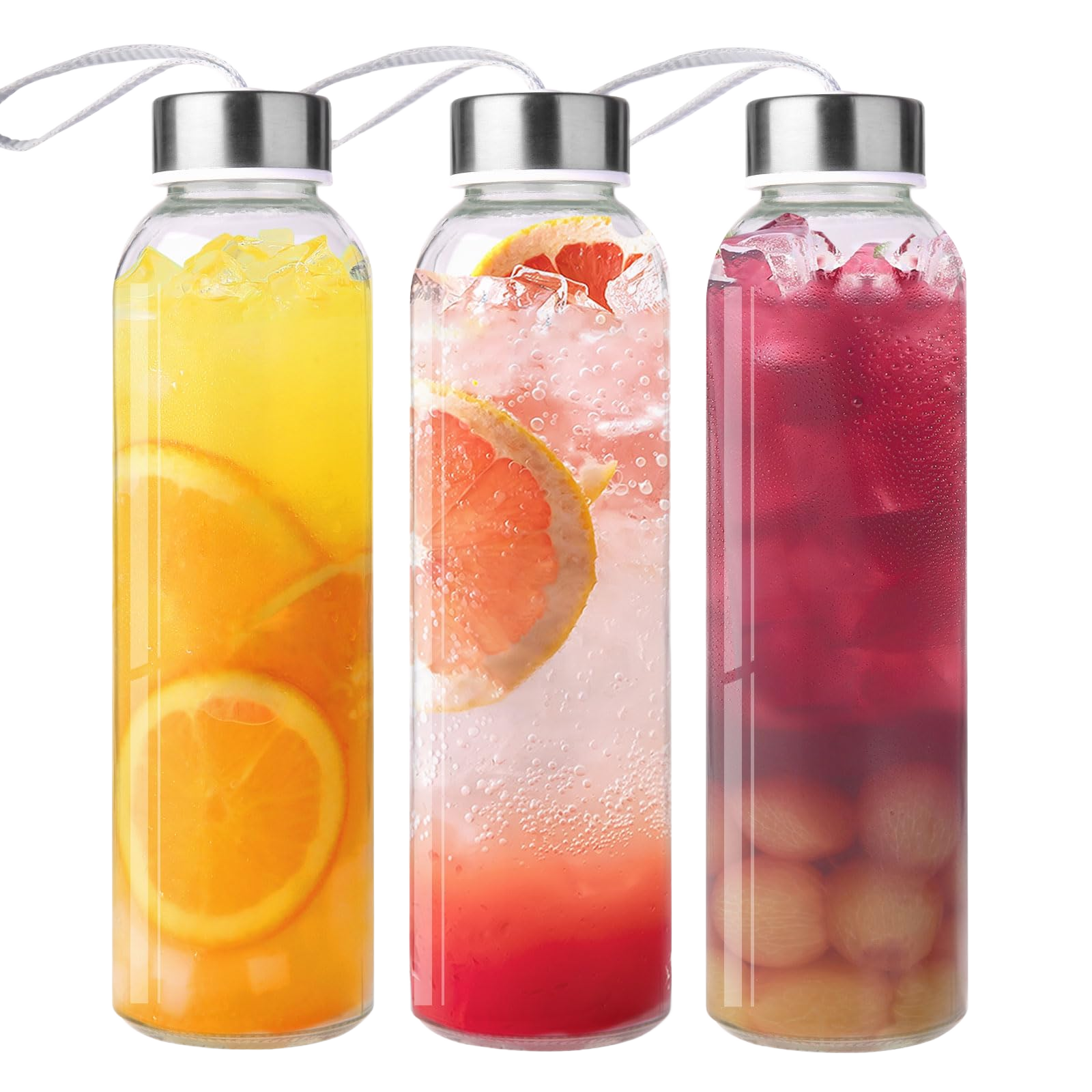 Duocesica 3 Packs Glass Water Bottles with Lid Clear Juice Bottles Reusable Bottle with Stainless St