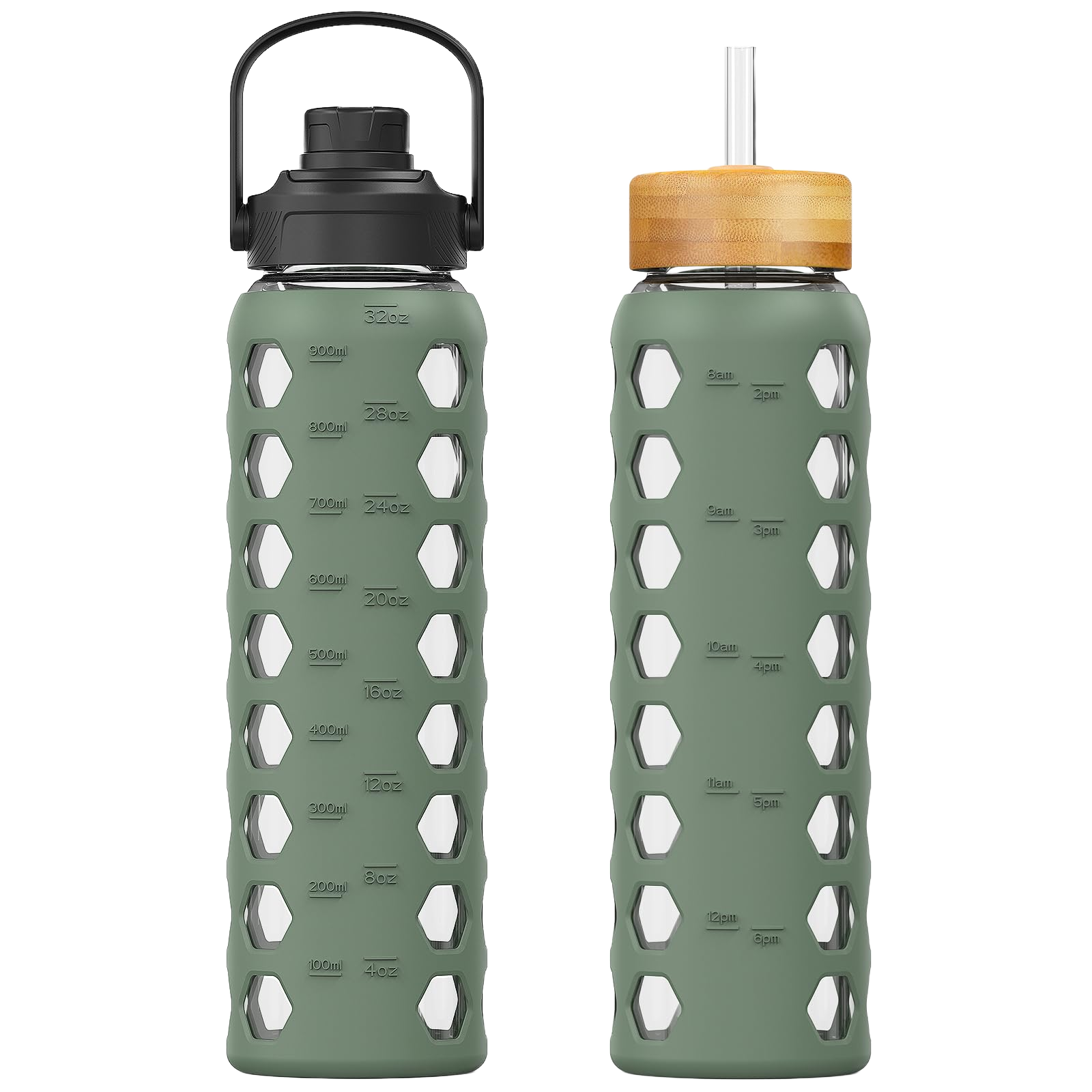 MUKOKO 32oz Glass Water Bottles with 2 Lids-Handle Spout Lid&Bamboo Straw Lid