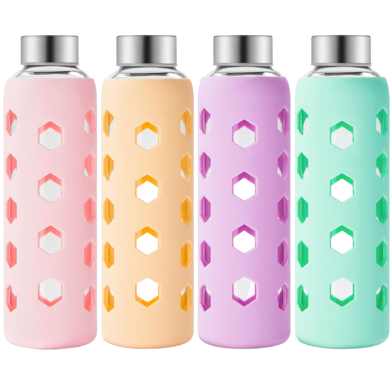 Mrsdry Glass Juice Bottles with Lids and Silicone Sleeves 18 oz