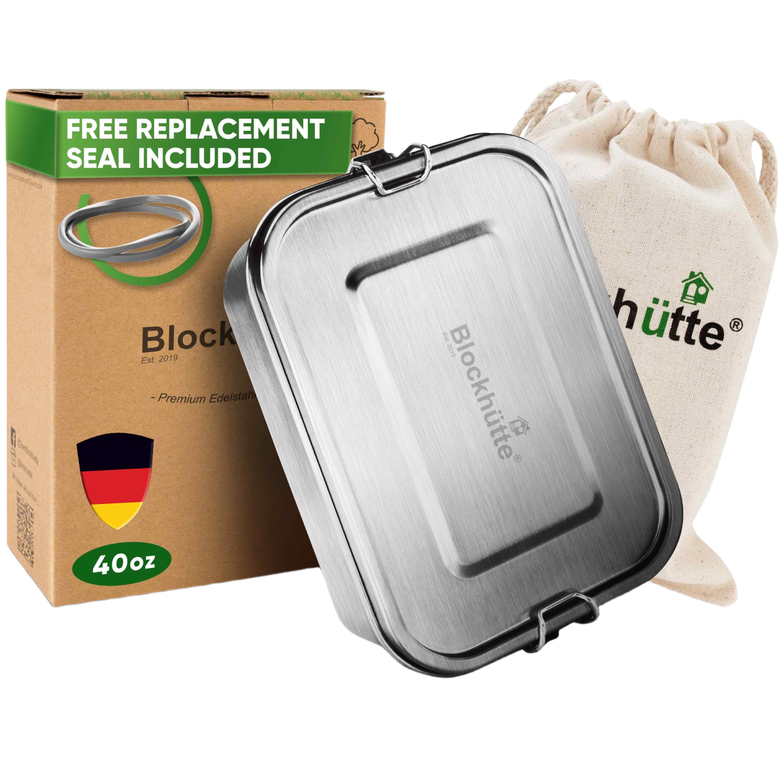 Blockhütte Stainless Steel Lunch Box for Adults I 40oz I with free Sealing I Metal Bento Box with 3 C
