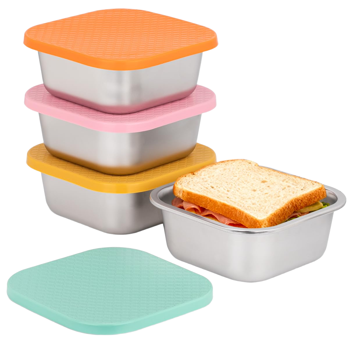 JUSTASHOW 4 Pack Sandwich Containers: 30oz Stainless Steel Lunch Box with Silicone Lids