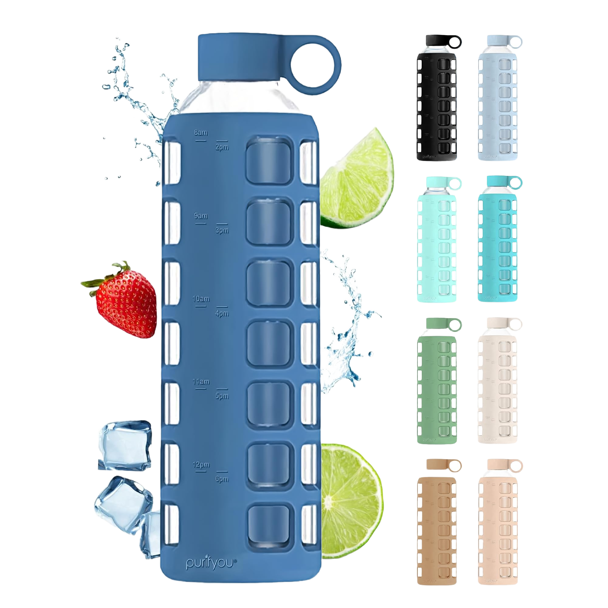 purifyou 40oz / 32oz / 22oz / 12oz Borosilicate Glass Water Bottle with Time & Volume Markers