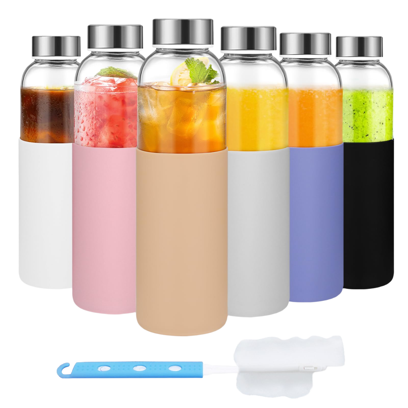 Luxfuel 18 oz Glass Juice Bottles with Lids and Silicone Sleeve