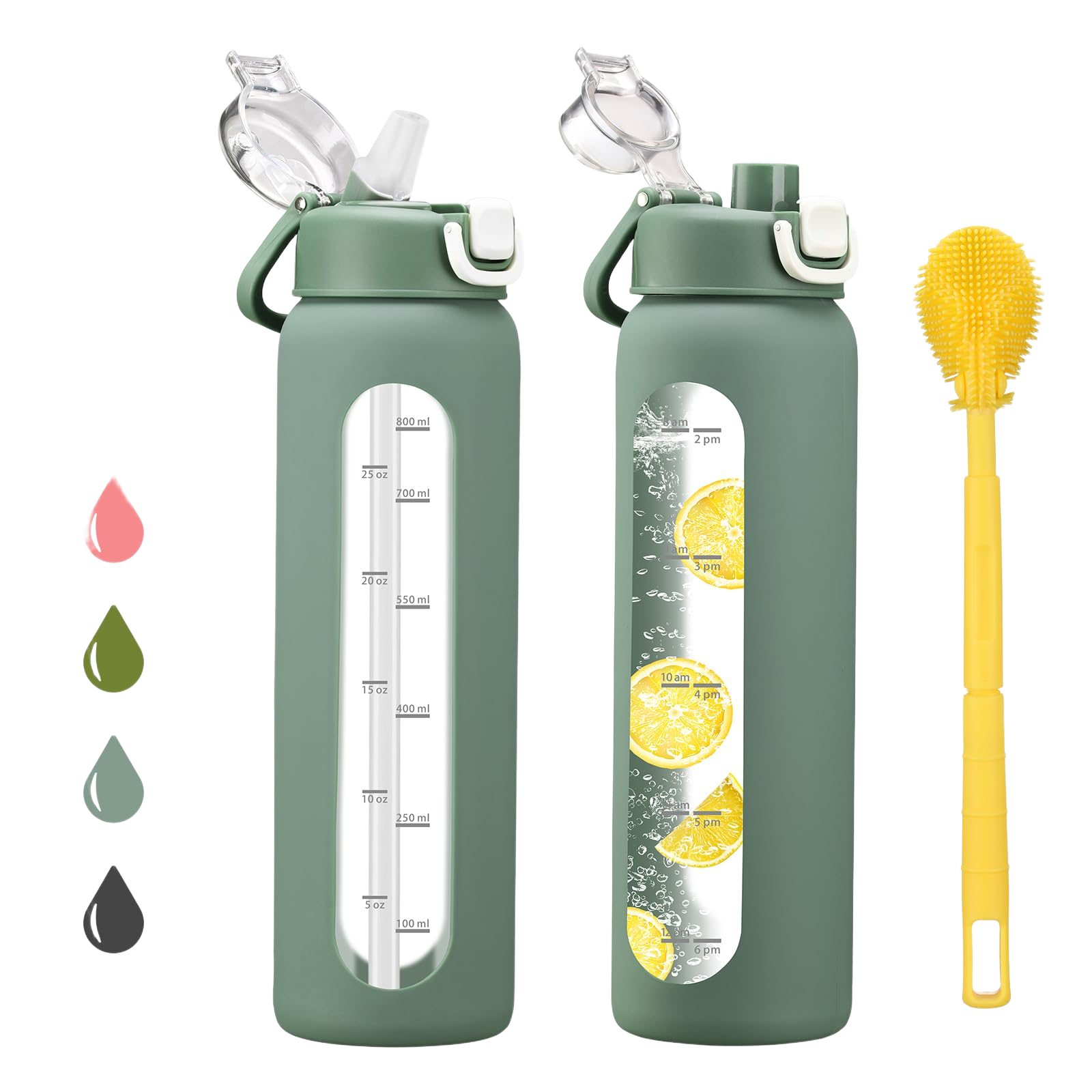 chunmo 32 oz Glass Water Bottles with 2 Lids-Handle Spout Lid & Straw Lid