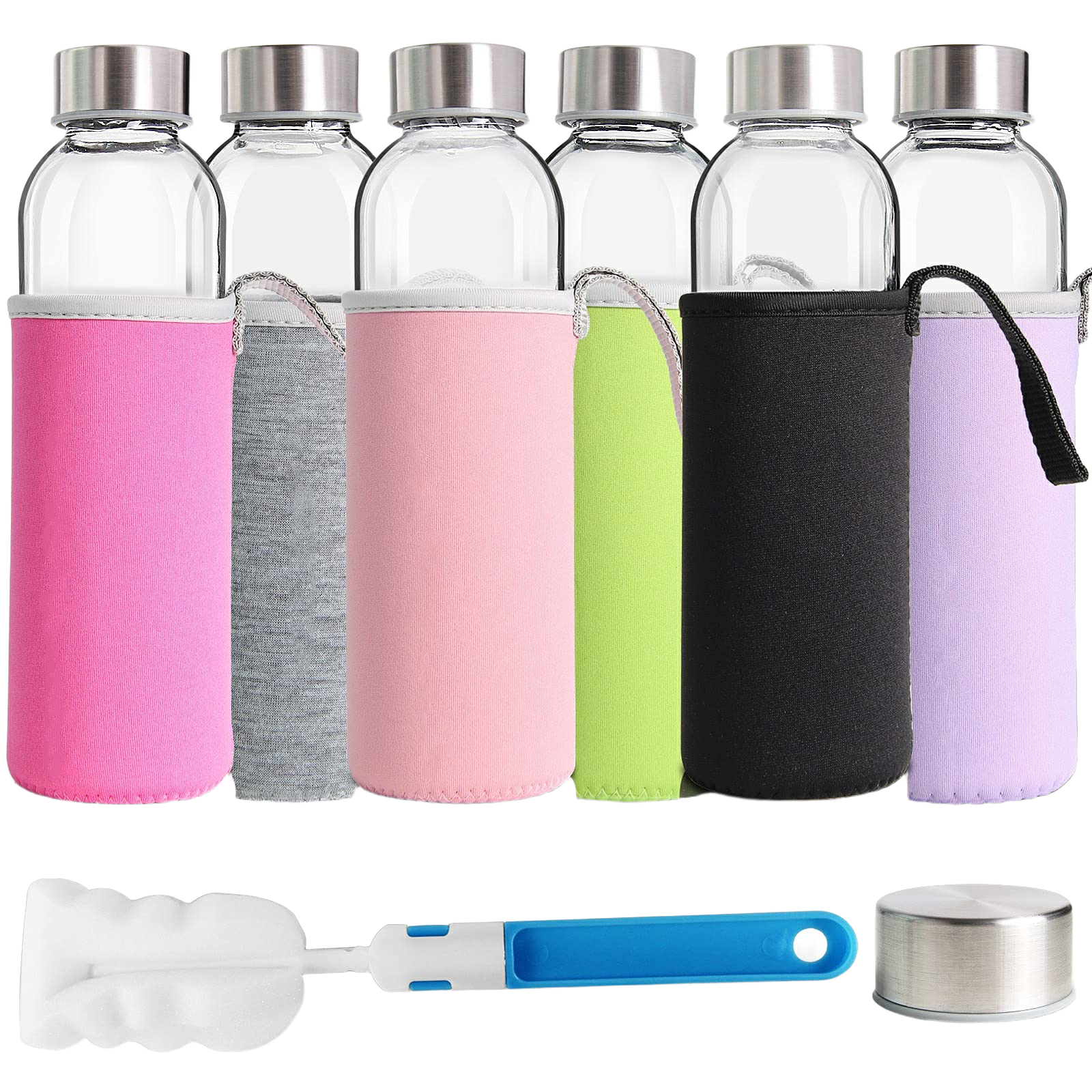 YEBODA Glass Water Bottles 18oz Bottles For Beverage and Juicer Use Stainless Steel Caps