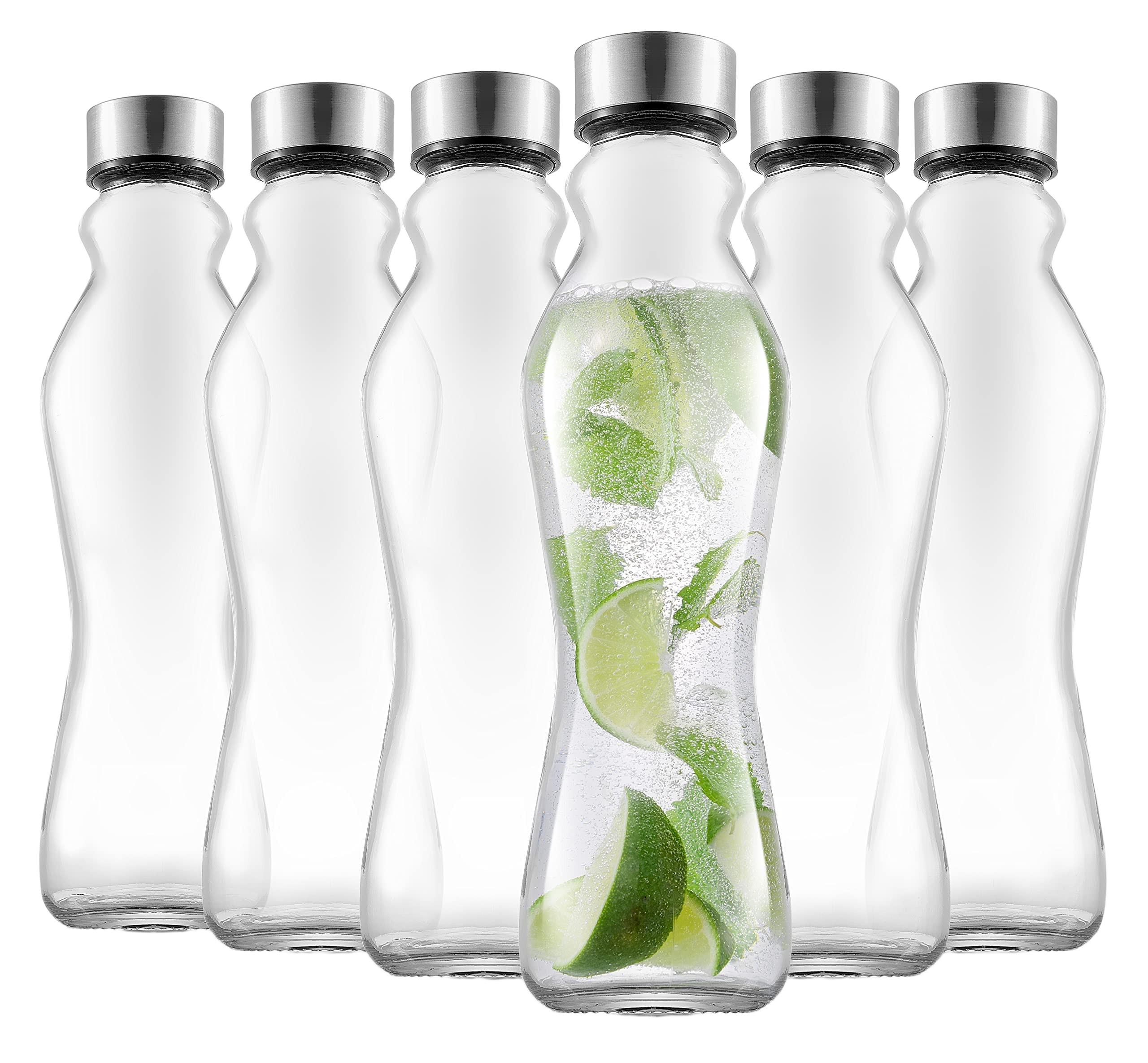 JoyJolt Spring Glass Water Bottles Set of 6-18 oz Glass Bottles with Stainless Steel Caps