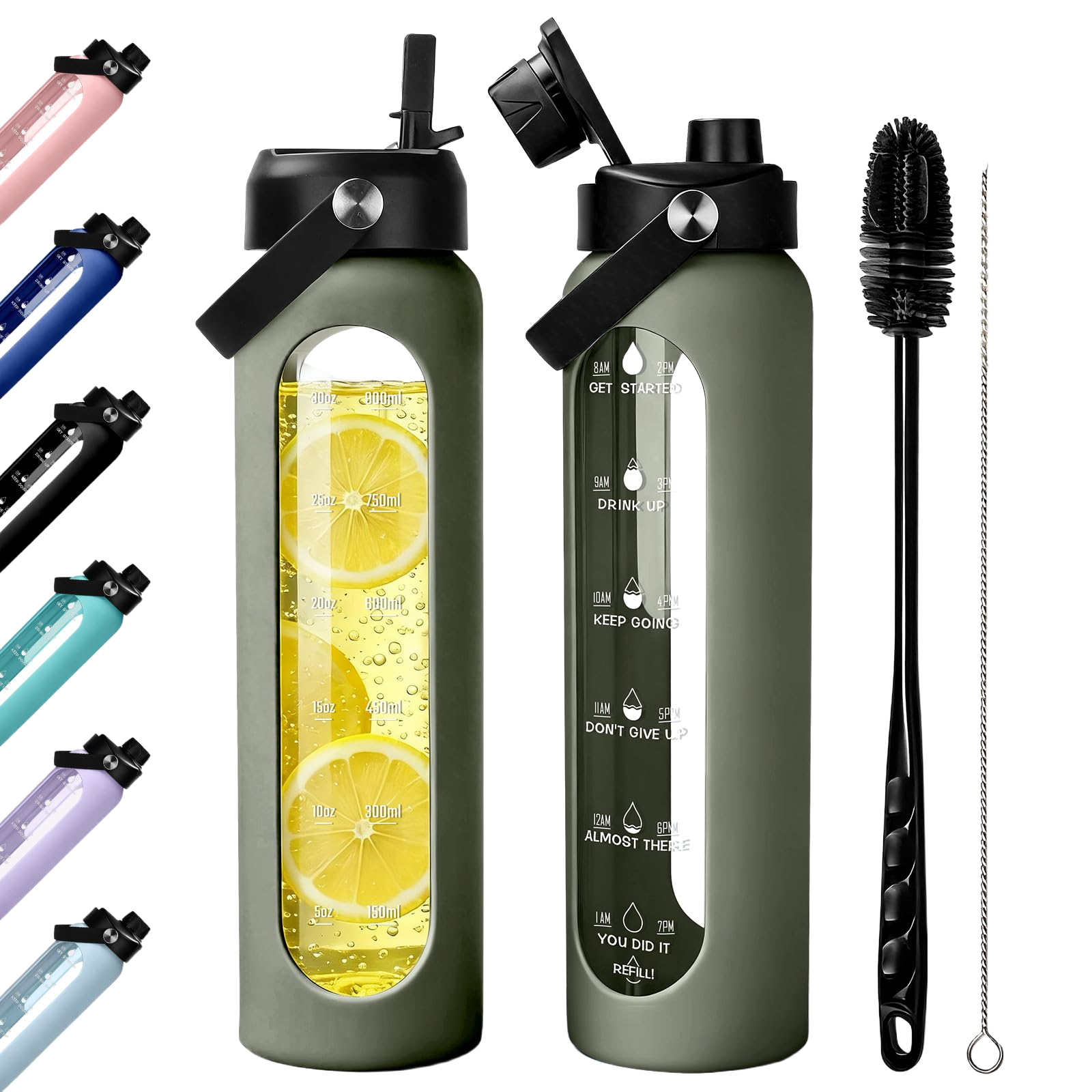 Aqulea 32 oz Glass Water Bottle with 2 Lids – Spout & Straw Lids