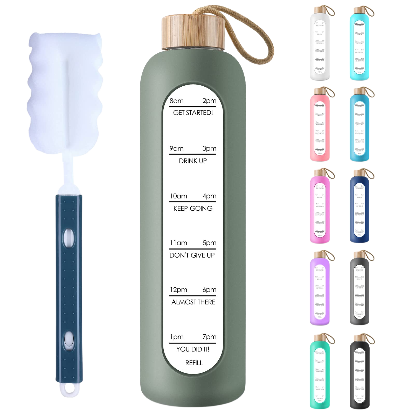 PROBTTL 32 Oz Borosilicate Glass Water Bottle with Time Marker Reminder Quotes