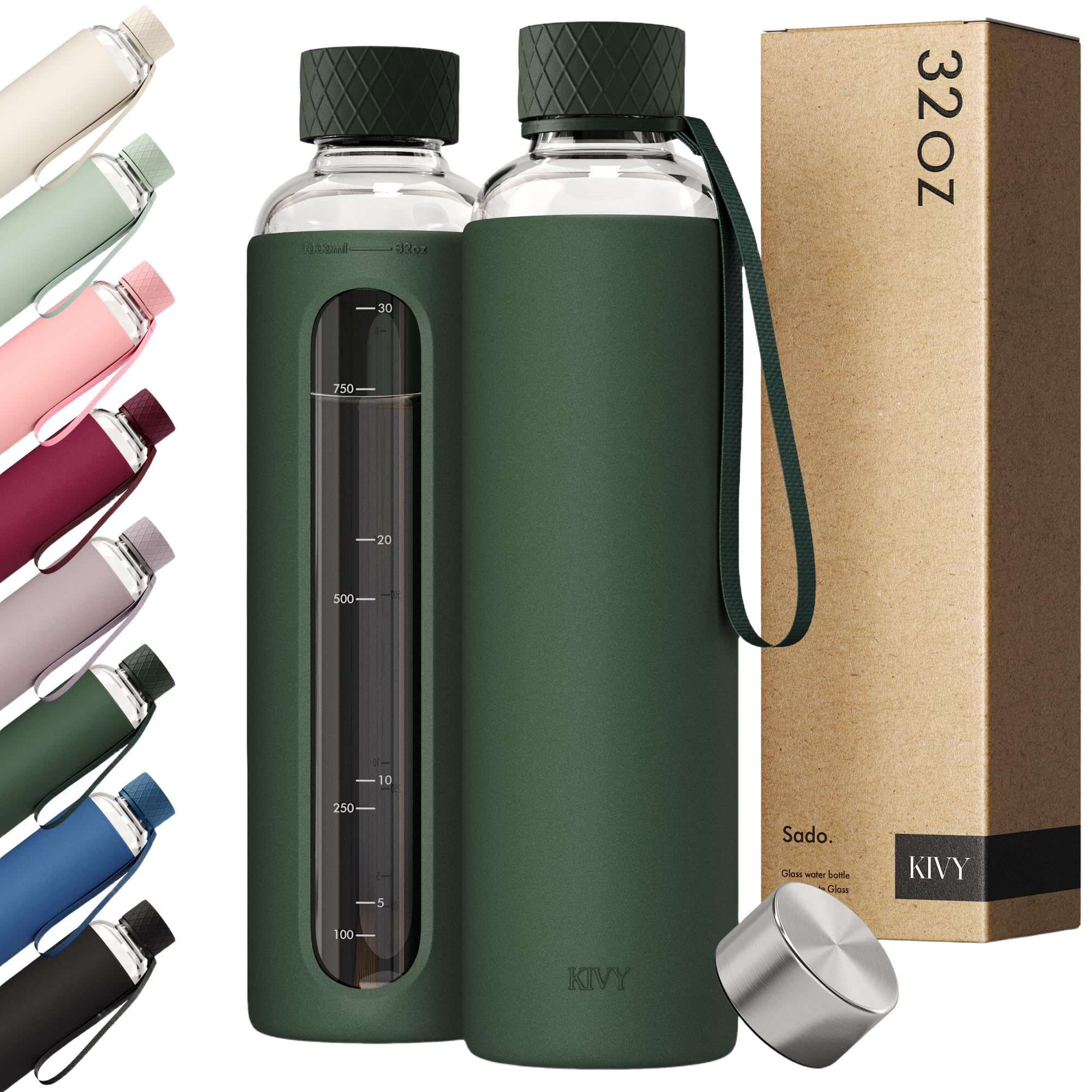KIVY Glass Water Bottle with Silicone Sleeve 32 oz [WITH MEASUREMENT]