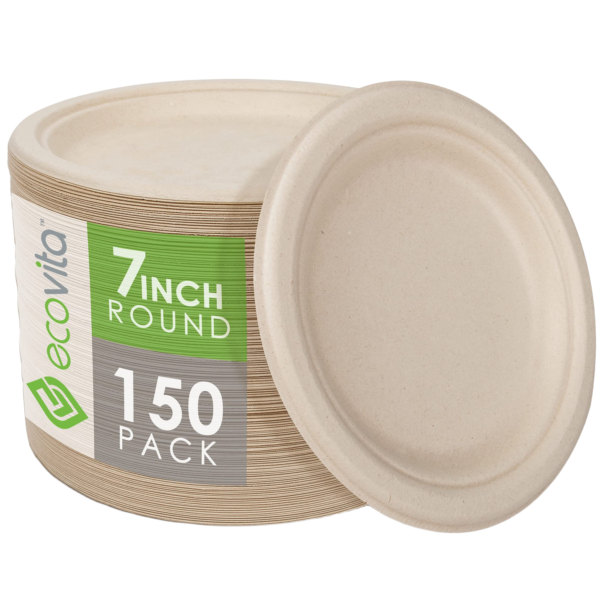 Ecovita 100% Compostable Paper Plates [7 in.] – 150 Disposable Plates Eco Friendly Sturdy Tree Fre