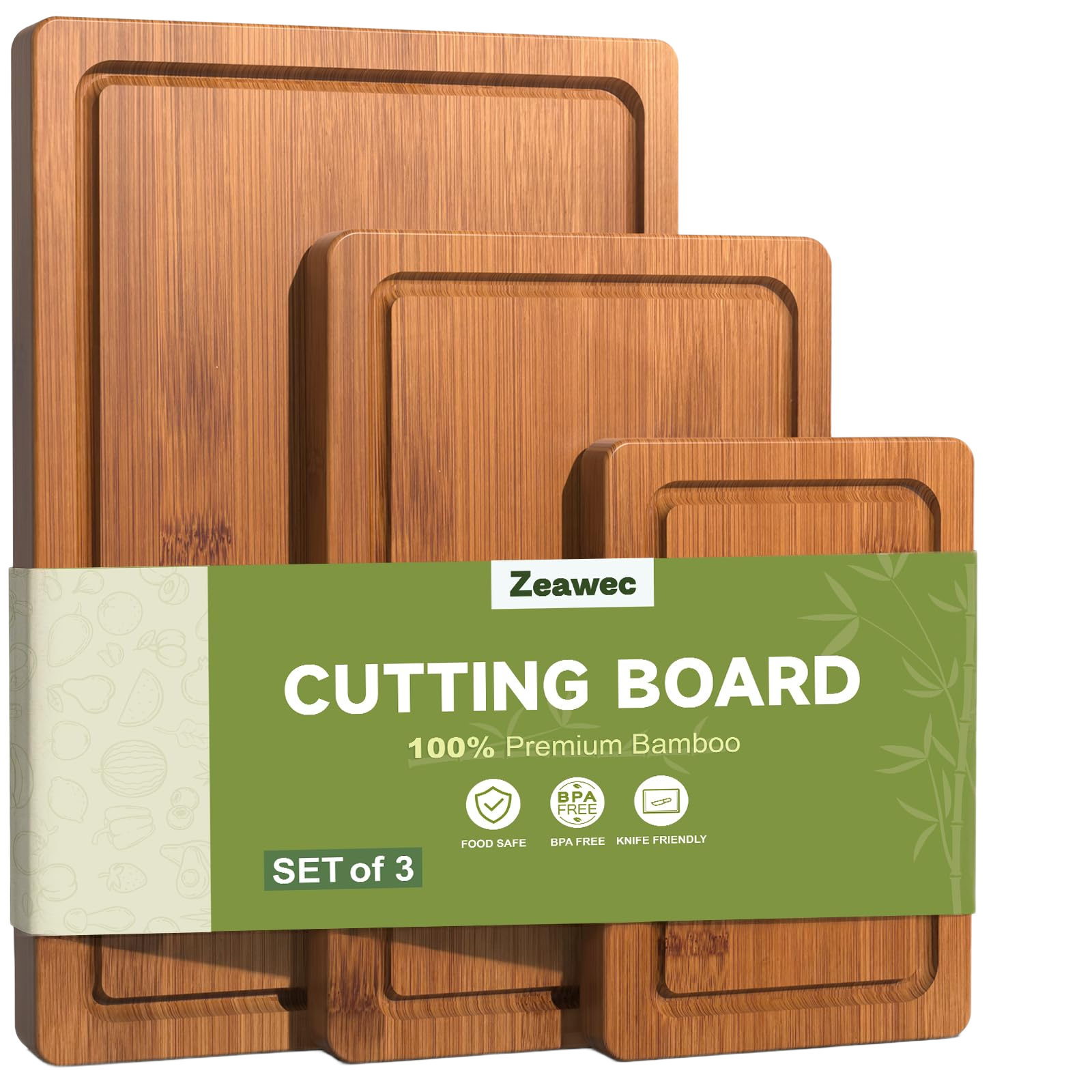 zeawec 3-Piece Set Bamboo Cutting Board for Kitchen