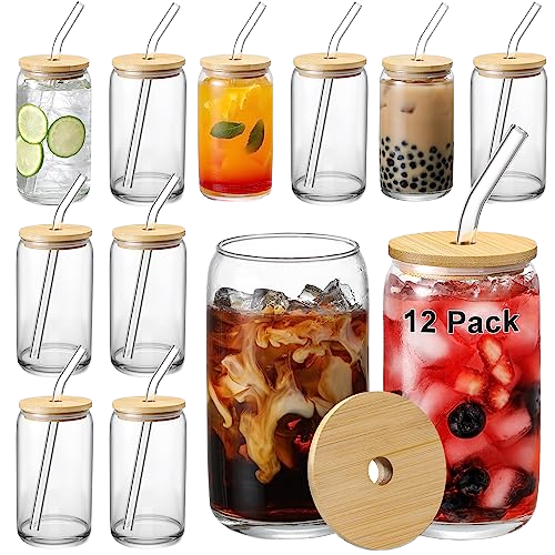 VITEVER [ 12pcs Set ] Glass Cups with Bamboo Lids and Glass Straw