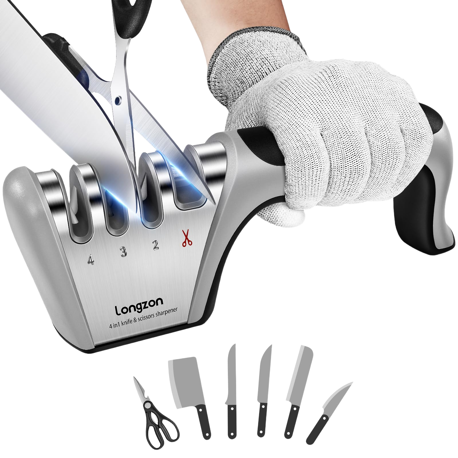 longzon 5-in-1 Knife Sharpener 4 Stage with Cut-Resistant Glove