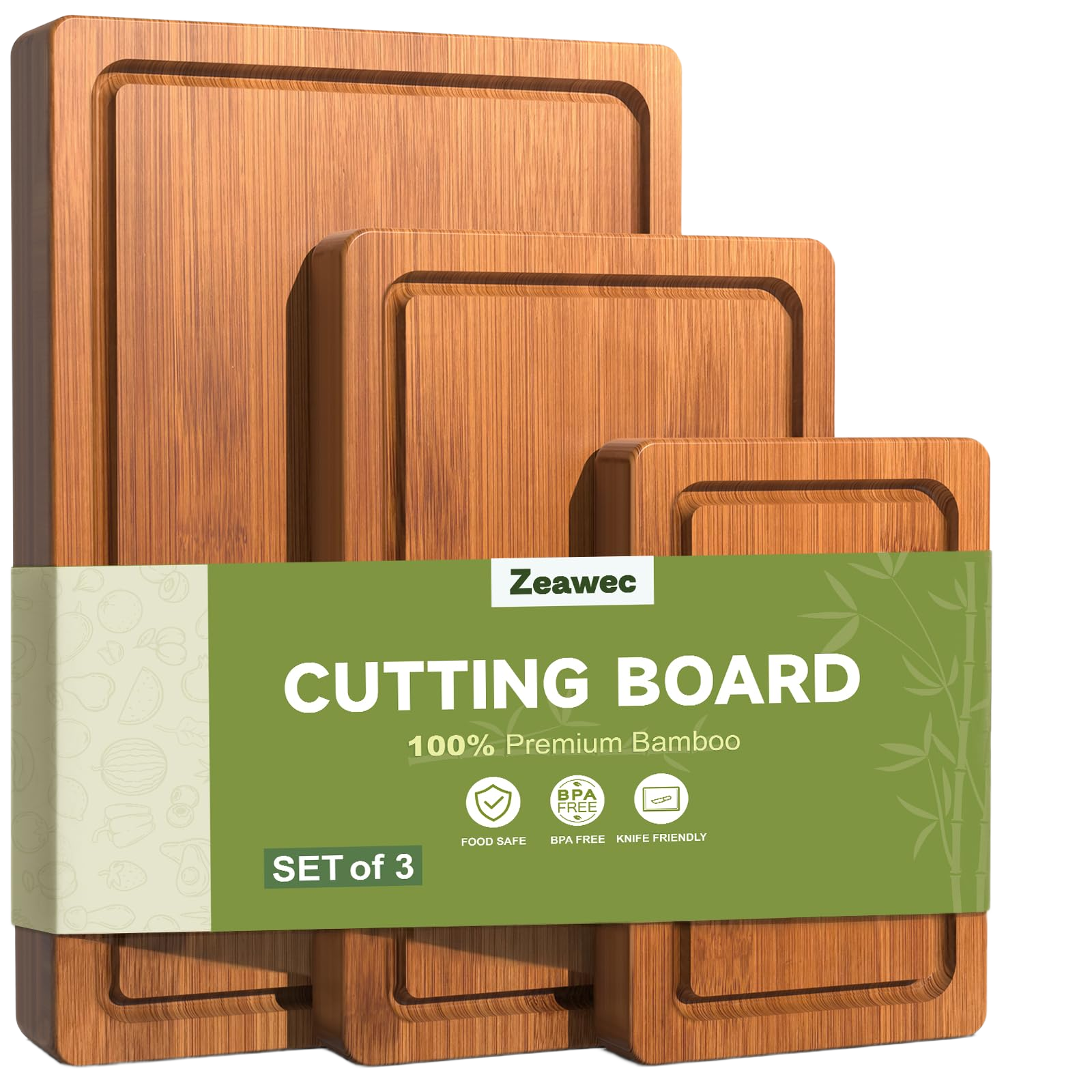 zeawec 3-Piece Set Deep-Carbonized Bamboo Cutting Board for Kitchen